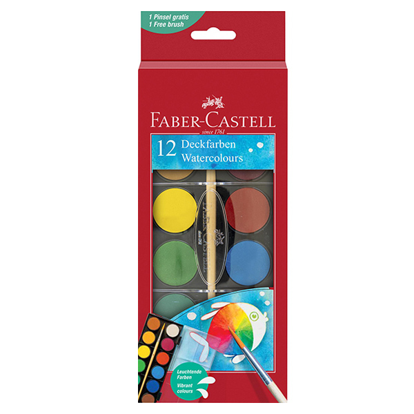 Acuarele 12 culori 30mm + pensula Faber-Castell