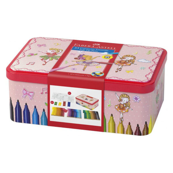 Carioci cu clip 33 culori/set  in cutie metalica Connector Faber-Castell - Balerina