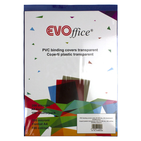 Coperti plastic transparent color A4 200 mic. 100 coli/top EVOffice - transparent albastru