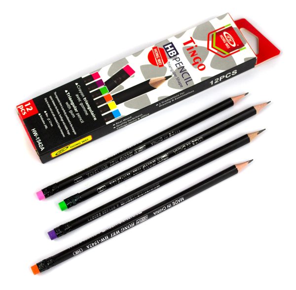 Creion HB din lemn, corp negru cu radiera neon diverse culori, ascutit, forma triunghiulara, 12 buc/set