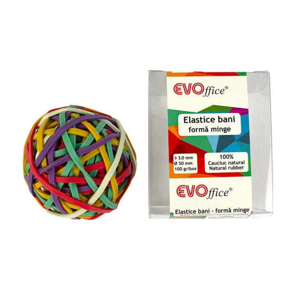 Elastice bani forma minge 3.0 mm, diametru 50 mm, 100g/cutie plasic EVOffice