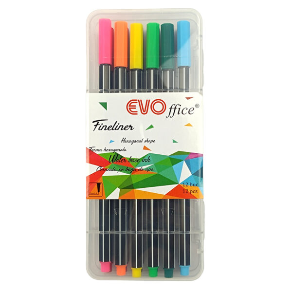 Fineliner, forma hexgonala, varf 0.4 mm ,12buc/cutie plastic EVOffice