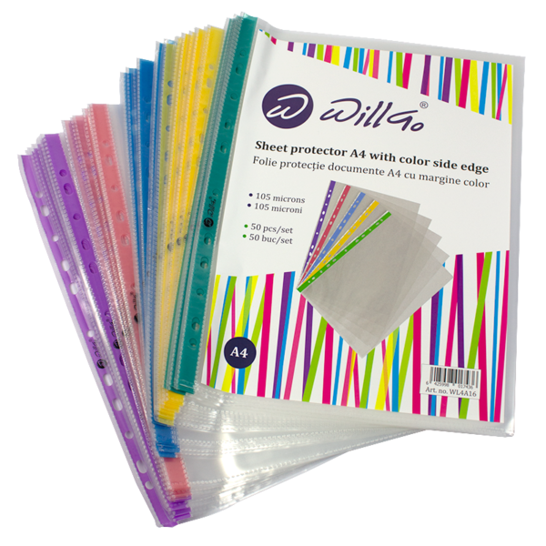 Folie protectie documente A4, cristal 105 microni, cu margine color 50 buc/set Willgo