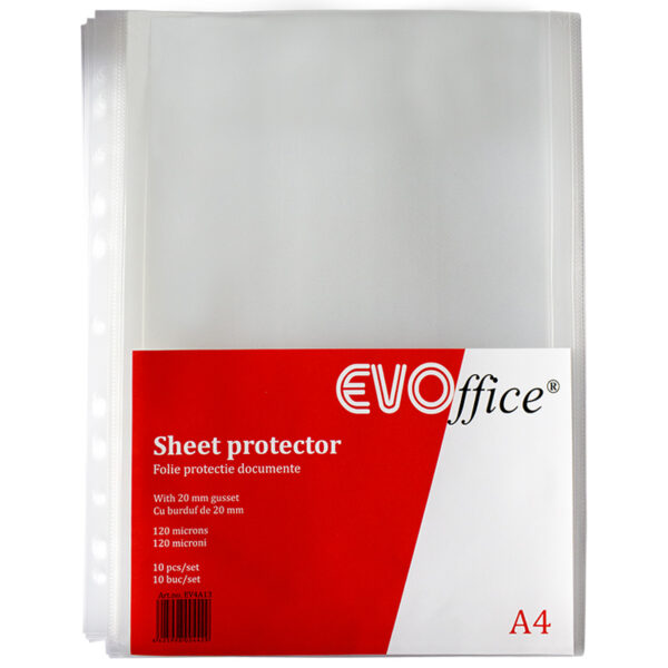 Folie protectie documente A4, cristal 120 microni, cu burduf de 20 mm,10 buc/set EVOffice