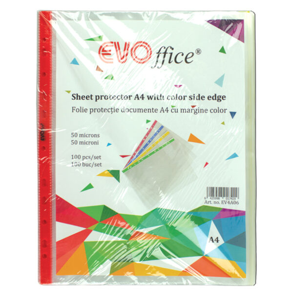 Folie protectie documente A4, cristal 50 micr, margine color, 100buc/set EVOffice