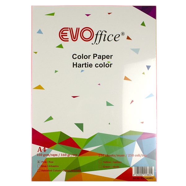 Hartie (carton) culori pastel A4, 160 g/mp, 250 coli/top Evoffice-roz