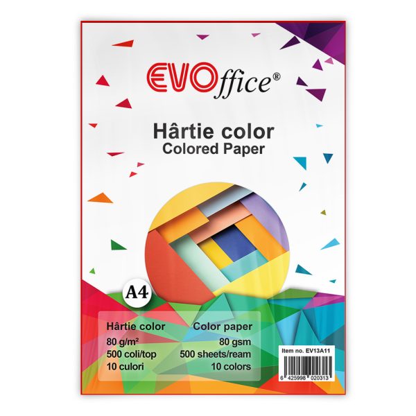 Hartie color A4, 80 g/mp, 500 coli/top Evoffice - 10 culori asortate