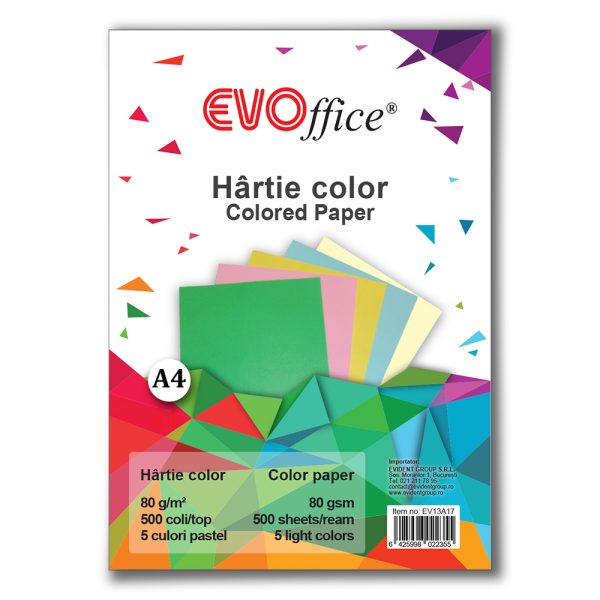 Hartie culori pastel A4, 80 g/mp, 500 coli/top Evoffice - 5 culori asortate