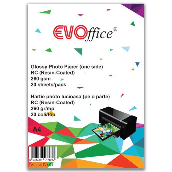 Hartie foto lucioasa (pe o parte) RC (Resin-coated) A4 , 20coli/top , 260g/mp EVOffice