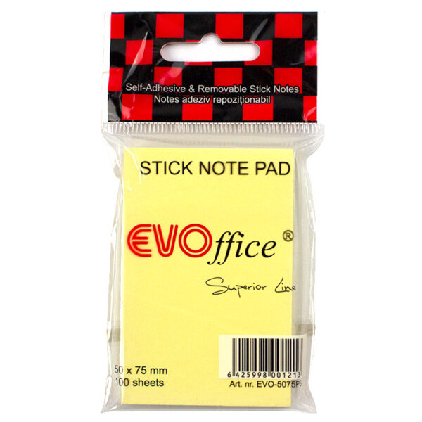 Notes autoadeziv 50*75 mm, 100 file EVOffice - galben pastel