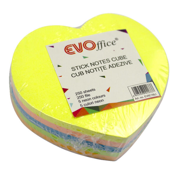 Notes autoadeziv cub color 250 file, 5 culori neon  EVOffice - Inima