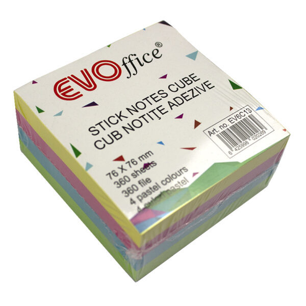 Notes autoadeziv cub color 76*76 mm, 360 file, 4 culori pastel EVOffice