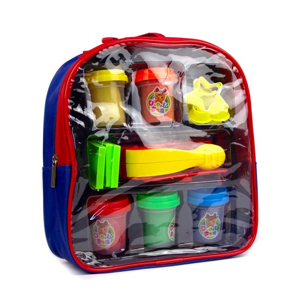 Plastilina "play dough" in ghiozdan plastic,   5 culori in borcan plastic, capac cu sablon, accesorii modelat No.9206