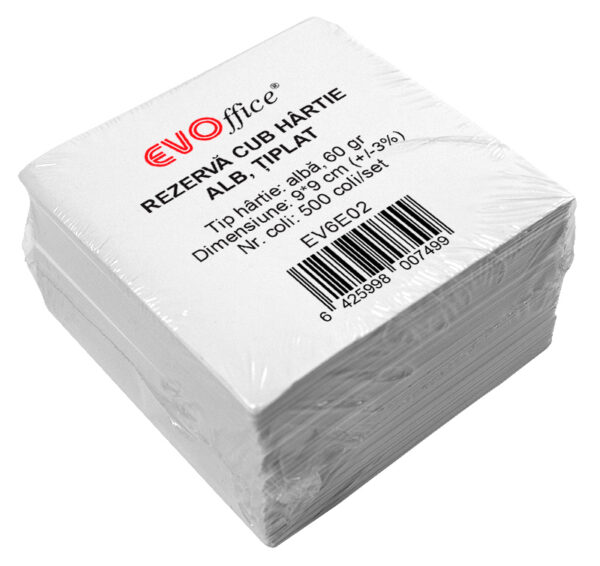 Rezerva cub 9*9(+/-3%)cm tiplat , hartie alba 60gr, 500coli EVOffice