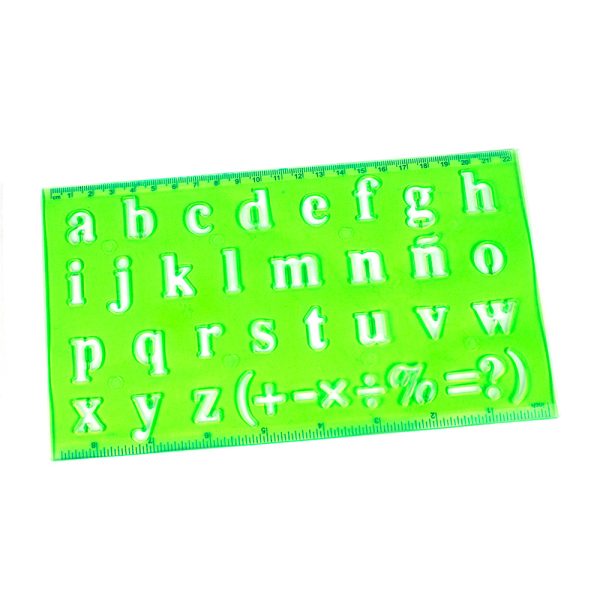 Sablon plastic cu litere mici si semne aritmetica, rigla 22 cm