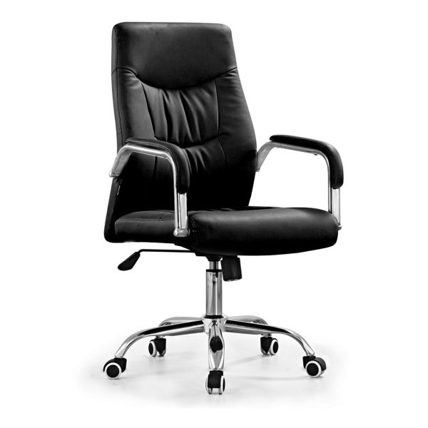 Scaun de birou directorial din piele ecologica, manere si baza din otel cromat EVOffice - negru