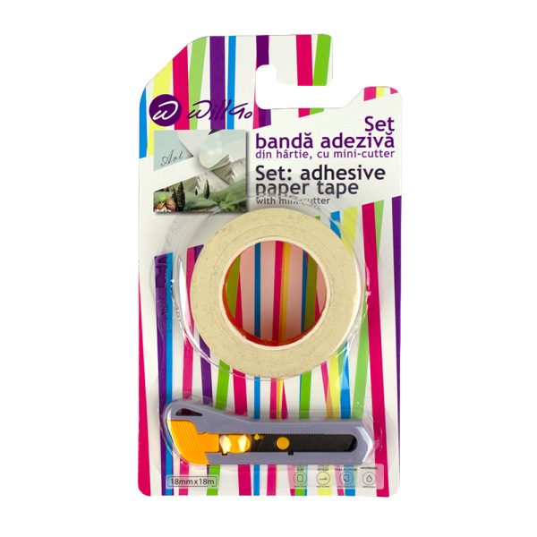 Set banda adeziva hartie 18mm*18m cu mini-cutter Willgo