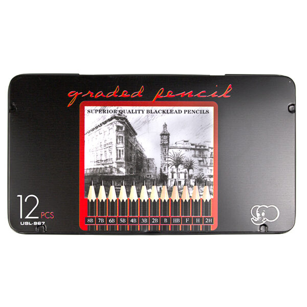 Set creioane grafit fara radiera diferite grame de duritatre 2H-8B, ascutite 12buc/cutie metal