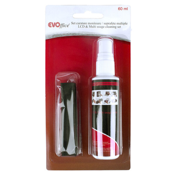 Set curatare monitoare / suprafete multiple : spray 60 ml si laveta microfibra EVOffice