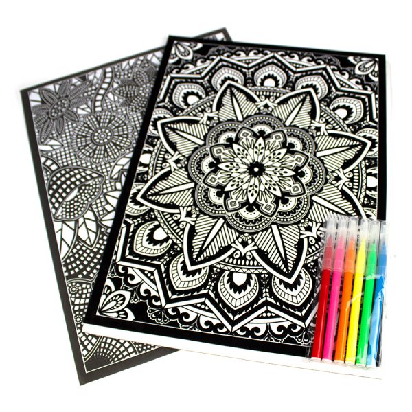 Set de colorat cu insertii de catifea, 2 planse 28*38 cm, carioci 6 culori - diverse modele