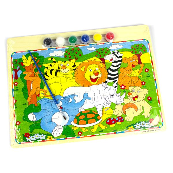 Set de colorat, puzzle din lemn  30*22.5cm, 40 de piese, 6 culori borcan si pensula