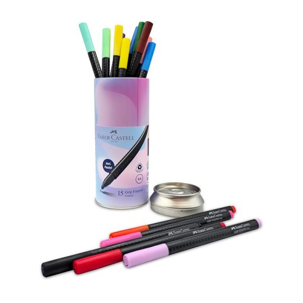 Set finelinere, forma triunghiulara, varf 0.4 mm, 15 culori/cutie metal Faber-Castell