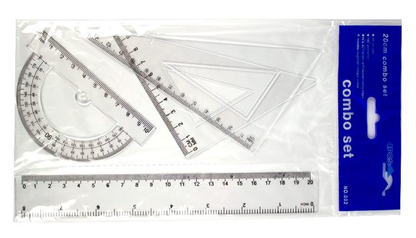 Set geometrie din plastic  transparent 4 piese - rigla 20cm, echer 9 cm, echer 13 cm, raportor