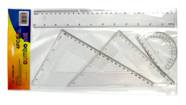 Set geometrie din plastic transparent 4 piese - rigla 30 cm, echer 16 cm,echer 24 cm, raportor
