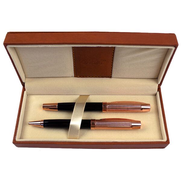 Set pix si roller metalic corp negru,accesorii rose gold,cutie din piele ecologica maro Willgo
