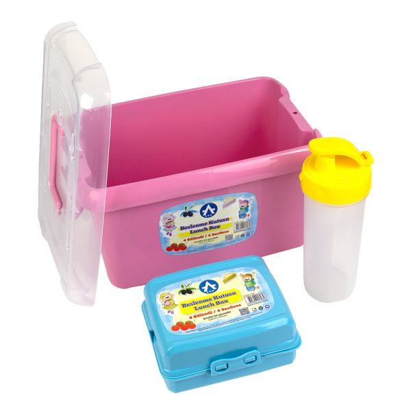 Set plastic pranz (lunch box set) format din cutie sandwich cu 4 compartimente si sticla apa 400 ml in cutie depozitare ARK