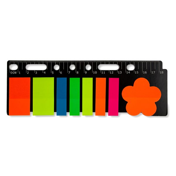 Stick index plastic cu rigla 18 cm si 7 perforatii pentru indosariere organizer, 8 forme*20 file (44*24mm*2 culori neon + 44*12mm*5 culori neon + 1 forma floare 45*45mm)