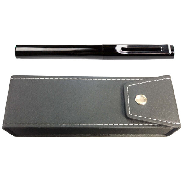 Stilou metalic cu mecanism, negru cu accesorii cromate, in cutie imitatie piele