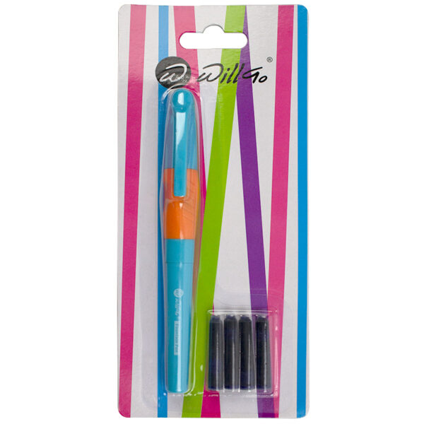 Stilou plastic cu rubber grip(pt incepatori)+5 rezerve,ambalare blister Willgo-albastru+portocaliu
