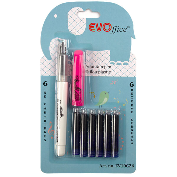 Stilou plastic  si 6 rezerve cerneala  , ambalare blister  EVOffice - roz