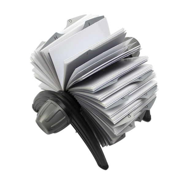 Suport rotativ pentru 400 carti vizita cu index, suport plastic cu picioare