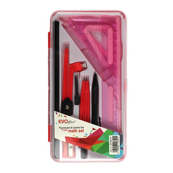 Trusa geometrie 11 piese, cutie plastic EVOffice rosu - fete