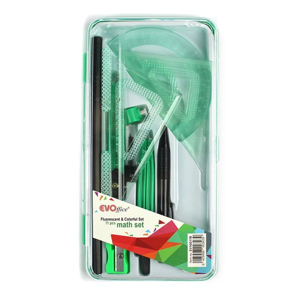 Trusa geometrie 11 piese, cutie plastic EVOffice verde - baieti