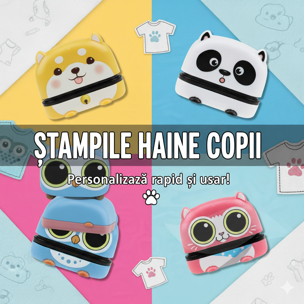 Ștampile pentru haine de copii cu animale (urs panda, cățel shiba inu, bufniță și pisică) și textul 'Ștampile haine copii', 'Personalizează rapid și ușor'."