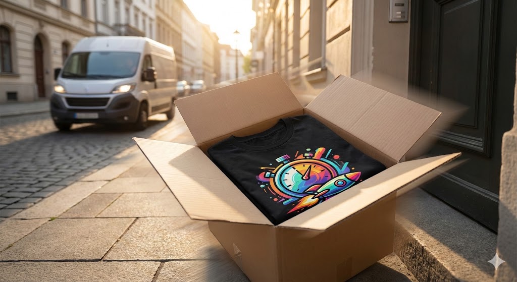 Cutie de livrare deschisă conținând un tricou personalizat cu grafică vibrantă, sugerând serviciul de imprimare urgentă în România.