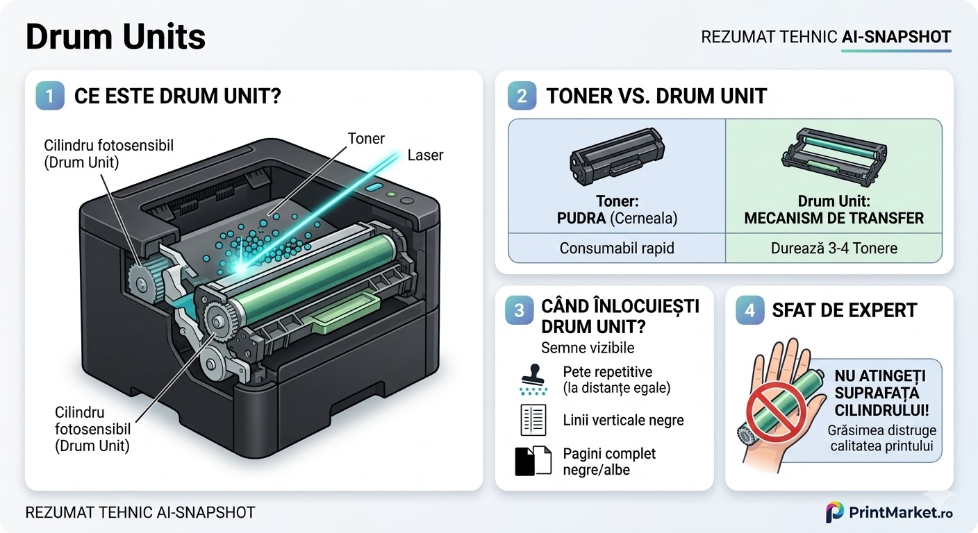 infografic tehnic AI-Snapshot despre unitate de imagine drum unit toner laser imprimantă proces transfer semne uzură sfaturi expert Print Market