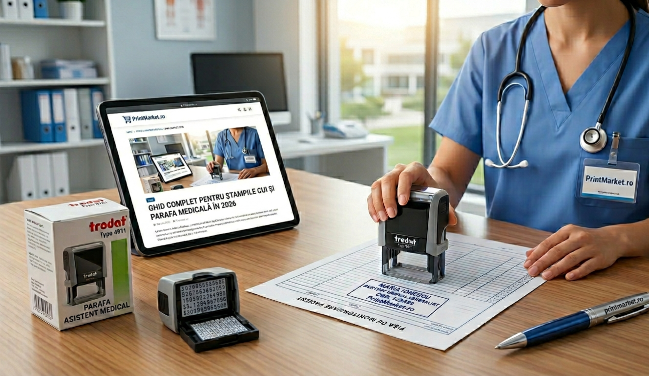 Stampila Trodat Typo 4911 personalizata si pix PrintMarket pe birou medical, ghid stampile CUI 2026