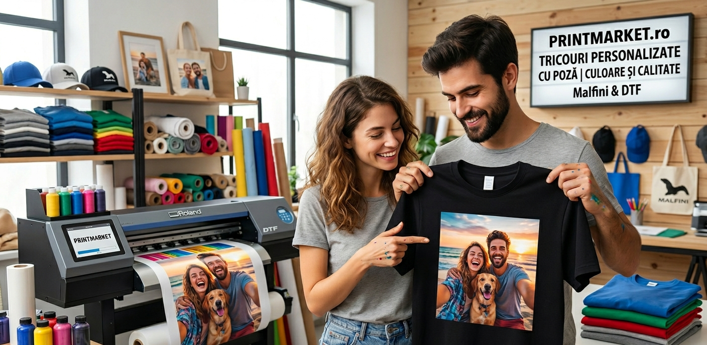 Tricou negru Malfini imprimat prin tehnologie DTF cu o poză de vacanță, prezentat într-un centru de personalizare PrintMarket.