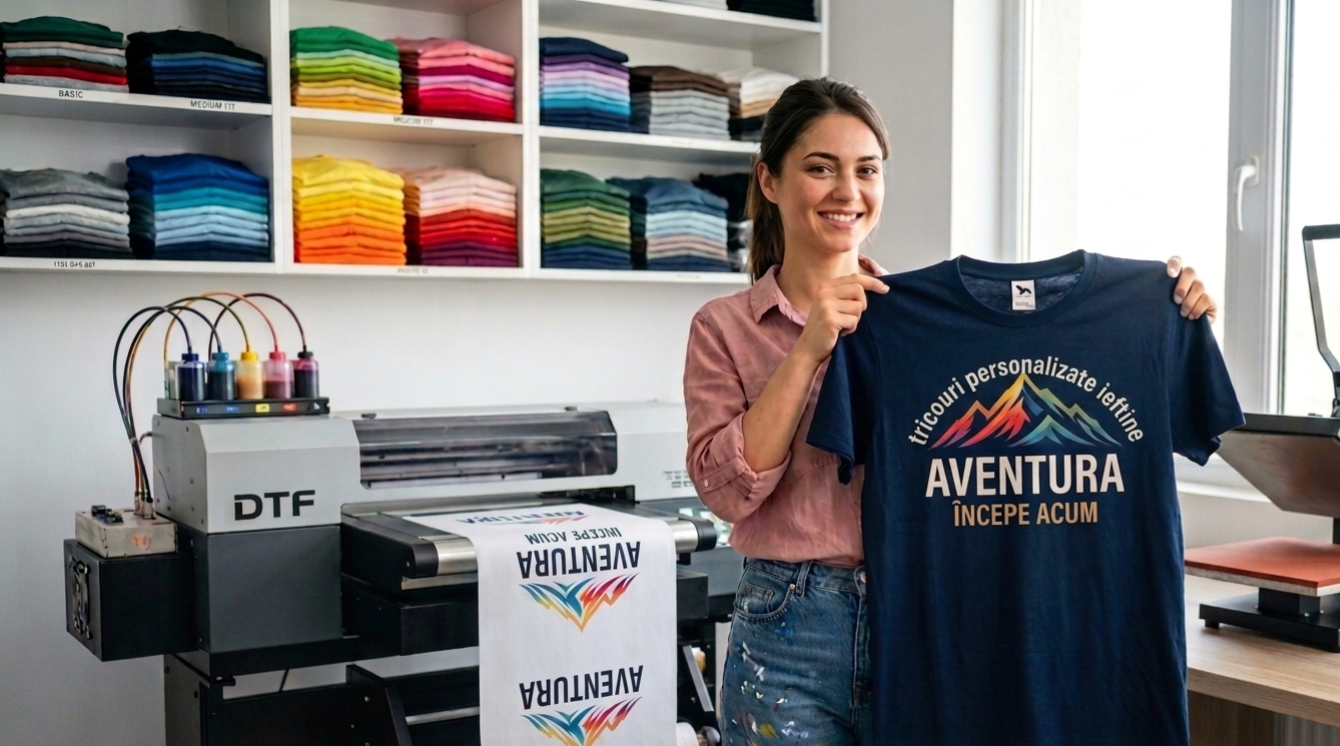 Femeie zâmbitoare prezentând un exemplu de tricouri personalizate ieftine cu design colorat, realizat în atelierul PrintMarket folosind o imprimantă DTF modernă.