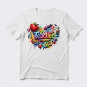 O fotografie de studio a unui tricou alb cu guler rotund, plat, pe un fundal gri-deschis. În centrul pieptului este imprimat un design colorat în stil acuarelă și ilustrație, în care elemente legate de școală (cum ar fi un măr roșu, un riglă, o sticlă de lipici, un ascuțitor, creioane, litere ABC și inimi) sunt aranjate într-o formă circulară în jurul cuvântului principal "Teacher", scris cu litere 3D colorate.