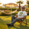 O previzualizare a unui tricou personalizat pentru bărbați, model "Oficial Pensionar". Imaginea arată un pensionar zâmbitor, cu ochelari de soare, relaxându-se într-un șezlong într-o grădină însorită, purtând tricoul alb. Tricoul are o grafică colorată cu textul "OFICIAL PENSIONAR" și o caricatură a unui bărbat la plajă. Fundalul include palmieri, o umbrelă și o hamacă. Text de suprapunere: "Oficial Pensionar - Tricou Personalizat".