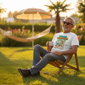 O previzualizare a unui tricou personalizat pentru bărbați, model "Oficial Pensionar". Imaginea arată un pensionar zâmbitor, cu ochelari de soare, relaxându-se într-un șezlong într-o grădină însorită, purtând tricoul alb. Tricoul are o grafică colorată cu textul "OFICIAL PENSIONAR" și o caricatură a unui bărbat la plajă. Fundalul include palmieri, o umbrelă și o hamacă. Text de suprapunere: "Oficial Pensionar - Tricou Personalizat".