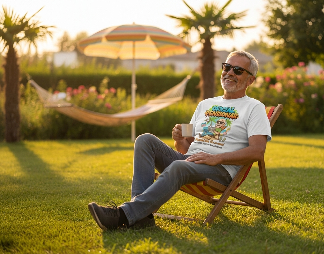 O previzualizare a unui tricou personalizat pentru bărbați, model "Oficial Pensionar". Imaginea arată un pensionar zâmbitor, cu ochelari de soare, relaxându-se într-un șezlong într-o grădină însorită, purtând tricoul alb. Tricoul are o grafică colorată cu textul "OFICIAL PENSIONAR" și o caricatură a unui bărbat la plajă. Fundalul include palmieri, o umbrelă și o hamacă. Text de suprapunere: "Oficial Pensionar - Tricou Personalizat".