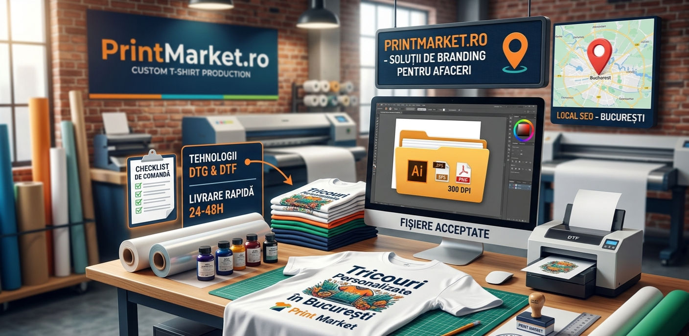 "Interiorul unui studio de producție de tricouri personalizate PrintMarket.ro din București. Pe ecran sunt afișate fișierele vectoriale acceptate (Ai, EPS, PDF) la 300 DPI. Pe masă sunt sticle de cerneală, o imprimantă DTF compactă și un tricou finalizat cu designul 'Tricouri Personalizate în București Print Market'. Panourile posterioare menționează tehnologii DTG și DTF, o listă de verificare a comenzilor și livrare rapidă în 24-48h, plus local SEO pentru București."