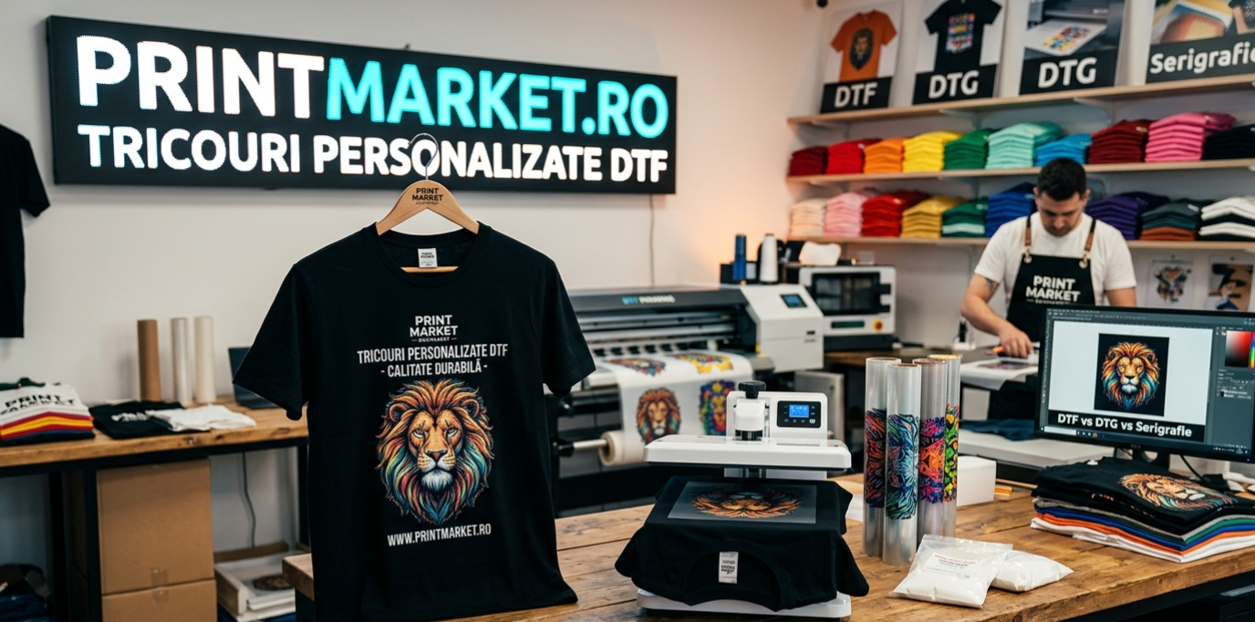 Tricouri personalizate DTF realizate în atelierul Print Market din București, prezentând un tricou negru imprimat cu un leu colorat, o presă termică și o imprimantă industrială DTF în fundal.