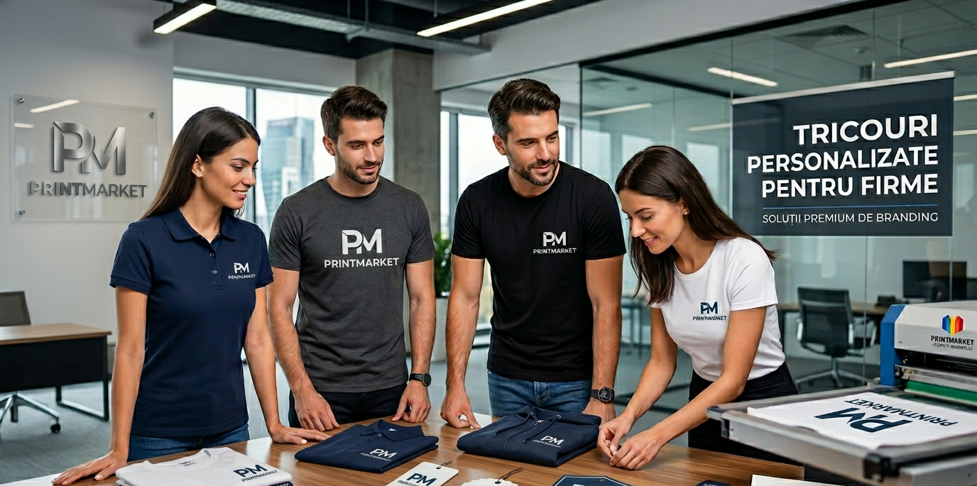 Echipa PrintMarket verifică tricouri personalizate pentru firme, modele polo și bumbac cu logo PM PrintMarket imprimat pe piept și spate.